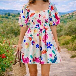 Sincerely Ours Arnette Floral Peacock Print Puff Sleeve Mini Dress Cream Large